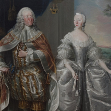 Maleri af Jørgen Scheel og Charlotte Louise Scheel von Plessen fra midten af 1700-tallet, hvor Gammel Estrup ses i baggrunden. At gengive herregården og landskabet på denne måde var ganske udbredt. Foto: Gammel Estrup Danmarks Herregårdsmuseum