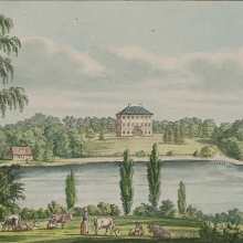 Dronninggaard blev opført i slutningen af 1700-tallet. NU lagde man gerne hovedbygningen på en lille bakke, lod avlsgårdsanlægget stuve lidt af vejen og anlagde en stor landskabelige park. Dronninggaard, 1825-1826, Jens H.G.F. Holm. Statens Museum for Kun