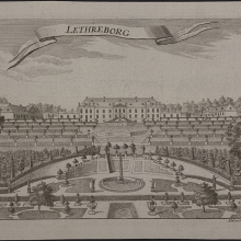 Lethreborg – eller Ledreborg, ca. 1745, Jonas Haas. Det prægtige, men stramme aksefaste haveanlæg og dets fuldkomne samspil med den hovedbygningens symmetriske havefacade lever op til barokkens idealer. Billede: Det Kgl. Bibliotek.