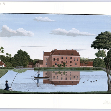 På gouachen af Rasmus Kruse fra 1837 ses herregården Villestrup. Søen, der omgiver holmen, hvor hovedbygningen står, har oprindeligt ydet en vis beskyttelse, men som det ses var den også en kilde til både gavn og fornøjelse. Det Kgl. Bibliotek.